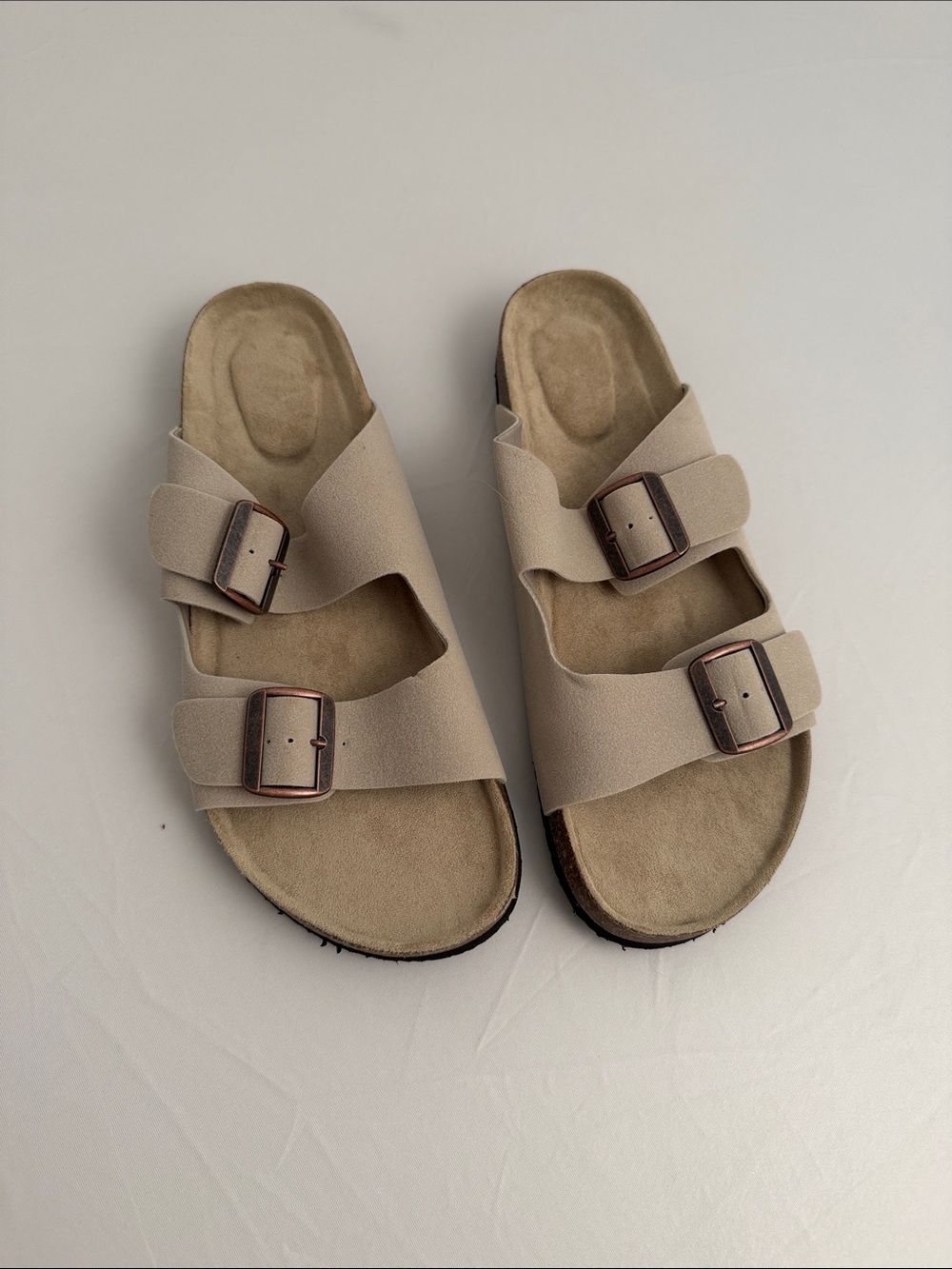 Unbranded taupe soft footbed antique rose gold hardware 2 strap sandals